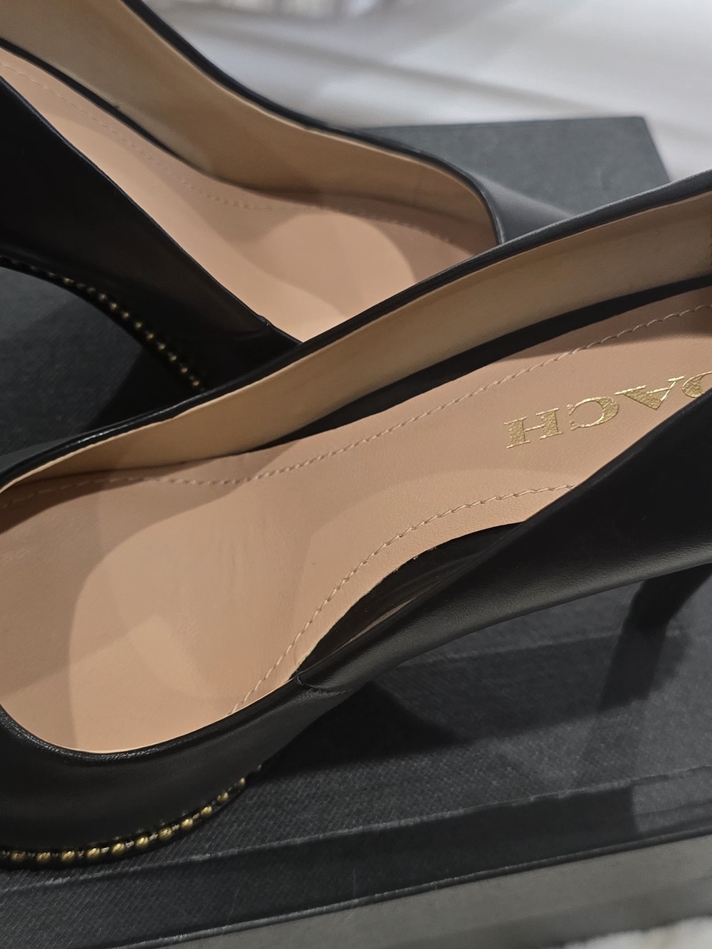 Coach Black Leather Pointed Pumps with Gold Stud Heel Trim